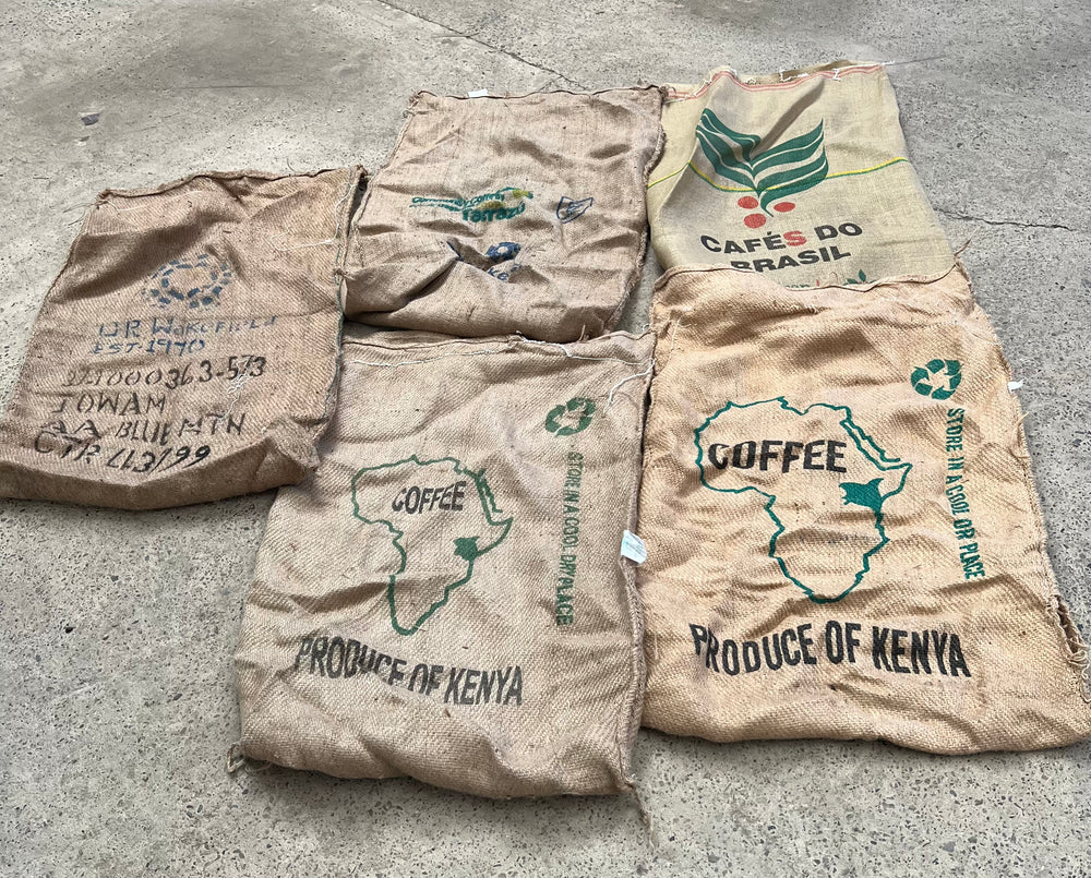 Pack of 5 empty used Hessian Coffee Sacks (mixed designs)